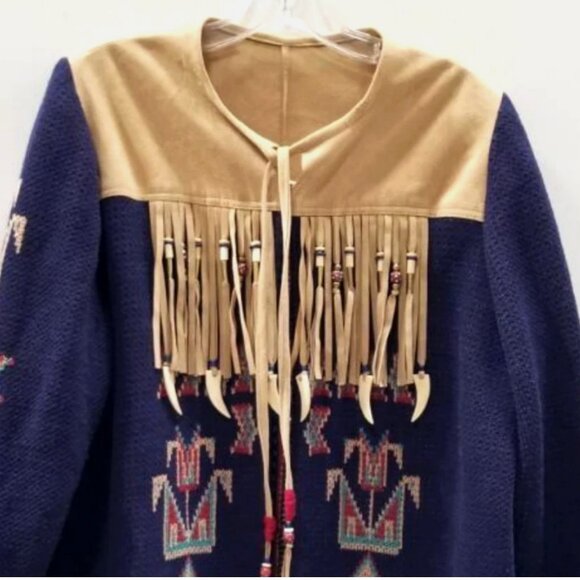 VTG Jean Sweet Original Knits USA Native Tribal Fringe Bead Coat Sweater Women L - Picture 2 of 7